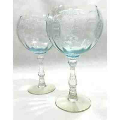 RARE Vintage Navarre Blue by Fostoria Magnum Etched Wine Glasses, Set of Two