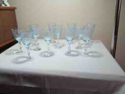 Navarre Etched Glass 12 Blue Claret Gobles and 8 Water Glasses Fostoria