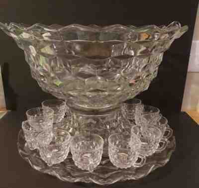 Fostoria American 18" Punch Bowl & Ladle & Stand & Drip Plate & 12 Cups Huge