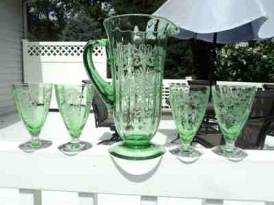 FOSTORIA GREEN VERSAILLES 5000 PITCHER AND 509 TUMBLERS