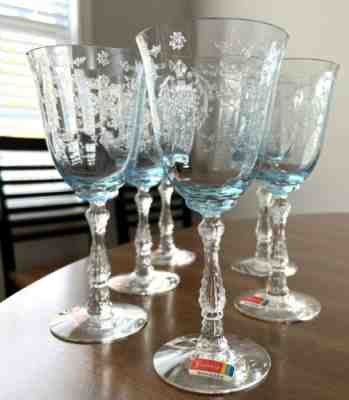 Six (6) Fostoria Navarre Blue Water Goblets - Etched Stems - Pristine