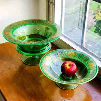 1930's Green Fostoria Glass Hand Painted (Wheeling?) Deco Design Pedestal Bowls