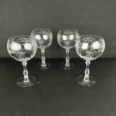 Vtg Fostoria Navarre Magnum Wine Glasses Set 4 Clear Etched Floral Optic #327