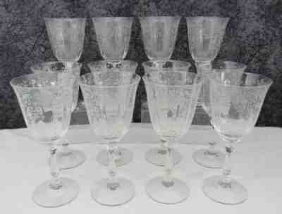 (12) 10 oz. Fostoria Meadow Rose Elegant Etched Glass Water Goblets - 7 5/8