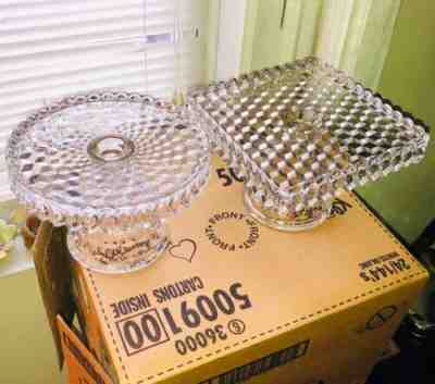 2 fostoria American glass rum well cake plates square round tray pedestal