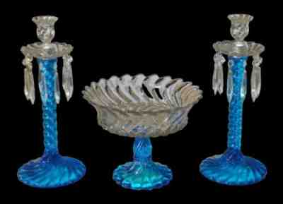 FOSTORIA Queen Anne Colony 2412 Blue Lustres Candlesticks w/ Console Bowl prisms