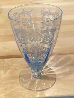 Set Of 8 Fossorial versailles blue depression glass 9 oz footed tumblers.