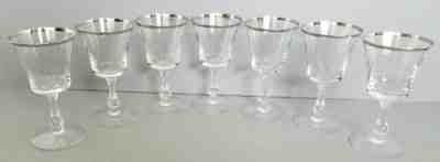 SET OF 7 VTG FOSTORIA SHEFFIELD 5" WINE GLASSES WIDE PLATINUM TRIM 6097 STEM