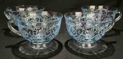 Fostoria Azure Blue #278 Coffee Teacups Versailles Etch #2375 Set Of 4