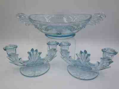 FOSTORIA GLASS Azure BLUE VERSAILLES on Baroque RARE Bowl & DBL Candlesticks HTF