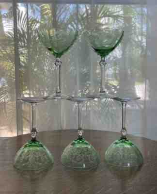 5 Fostoria Versailles Green Champagne Tall Sherbet 6â? Etched Cocktail Glasses