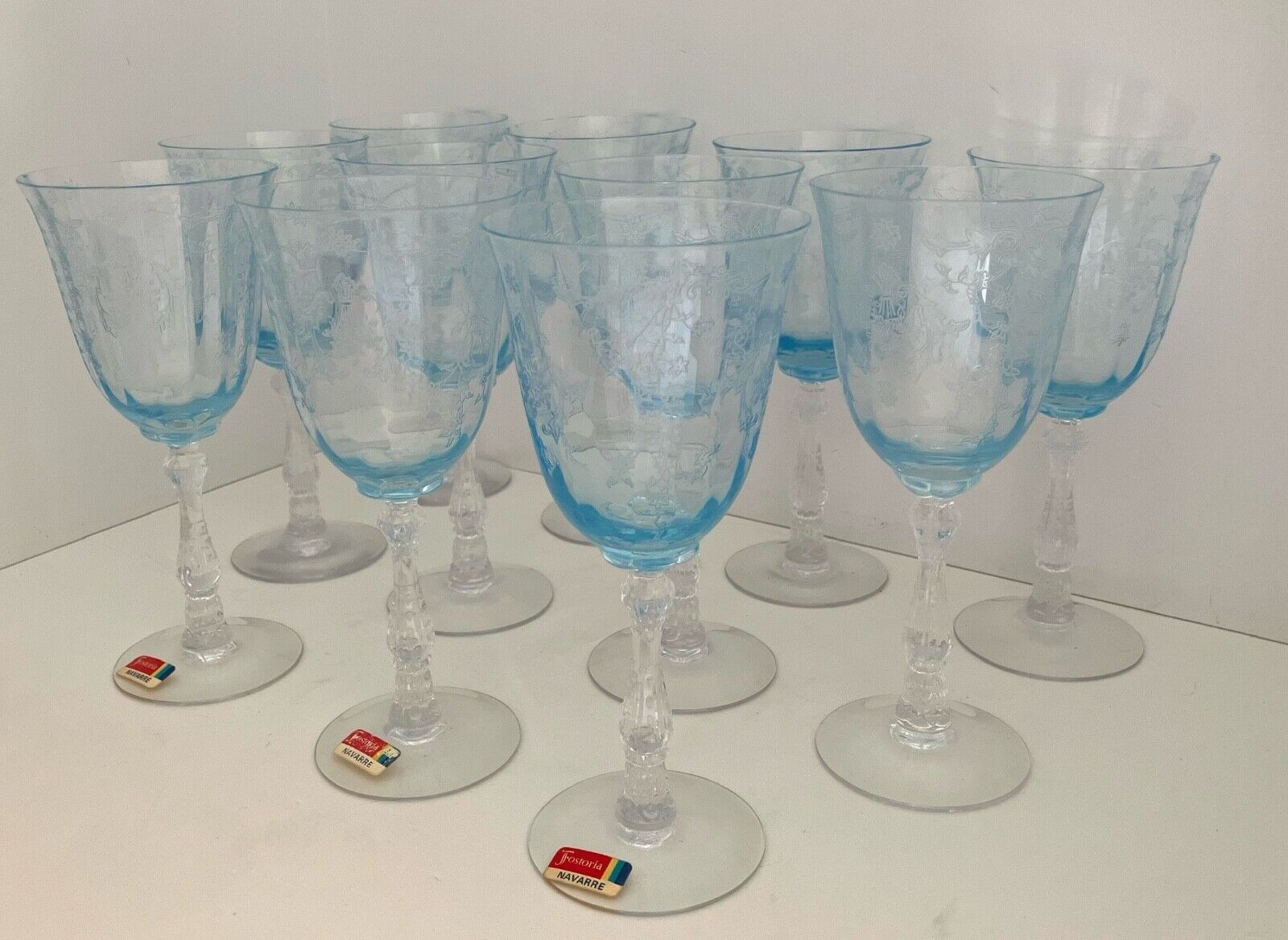 Fostoria Crystal Navarre Blue Large Claret Wine Glasses.7 5/8” Tall  Lot of 11