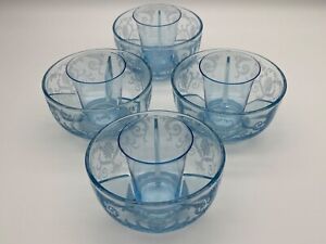 4 Fostoria Versailles Blue Ice Dishes & Crab Inserts