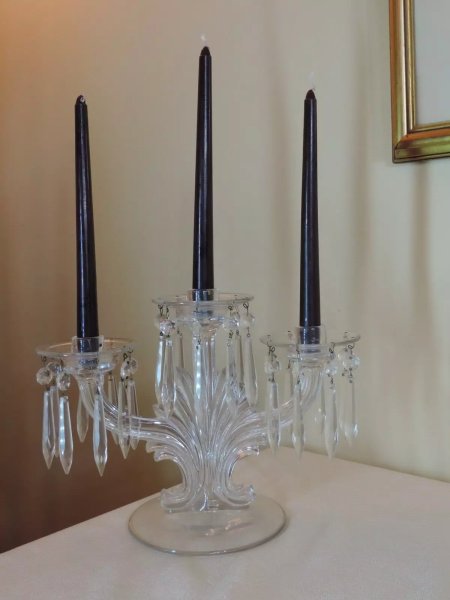 Fostoria 3 Light Bobeche Baroque Flame/Sunburst Candle Holder Canlelabra 1937-58