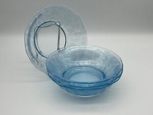 4 Fostoria Kashmir Azure Blue Flat Soup Bowls