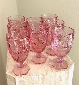 Vtg Fostoria Moonstone PINK Iced Tea Glasses w/Hexagon Base - Set of 8