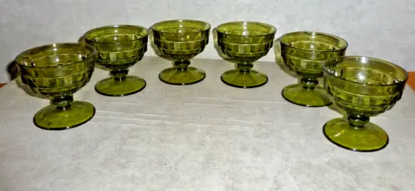 Vtg Whitehall Cubist Green Fostoria Footed Indiana Glass Sherbet Dish Set Of 6