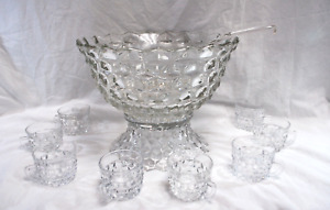 Fostoria American Cube Motif Punch Bowl, Base, Ladle & 8 Cups   Vintage   L2831