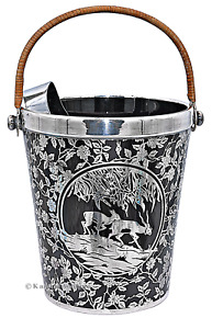 Rockwell Silver "Gazelles"  Silver Deposit Ebony / Black Ice Bucket with Tongs