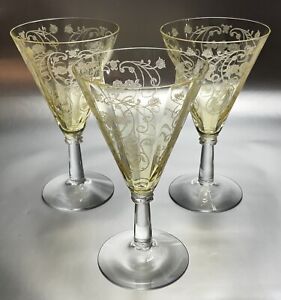 FOSTORIA * MINUET ETCH * TOPAZ  CRYSTAL DIADEM * 3 GOBLETS *