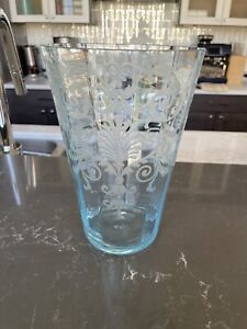 FOSTORIA VERSAILLES AZURE BLUE VASE ETCHED GLASS RIBBED OYSTER LARGE ESTATE VTG