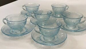 6 Fostoria JUNE AZURE BLUE CUPS & SAUCERS Coffee Tea BEAUTIFUL ELEGANT