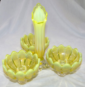 Fostoria Heirloom Yellow Vaseline Opalescent Glass Charm Set Candle Vtg Antique