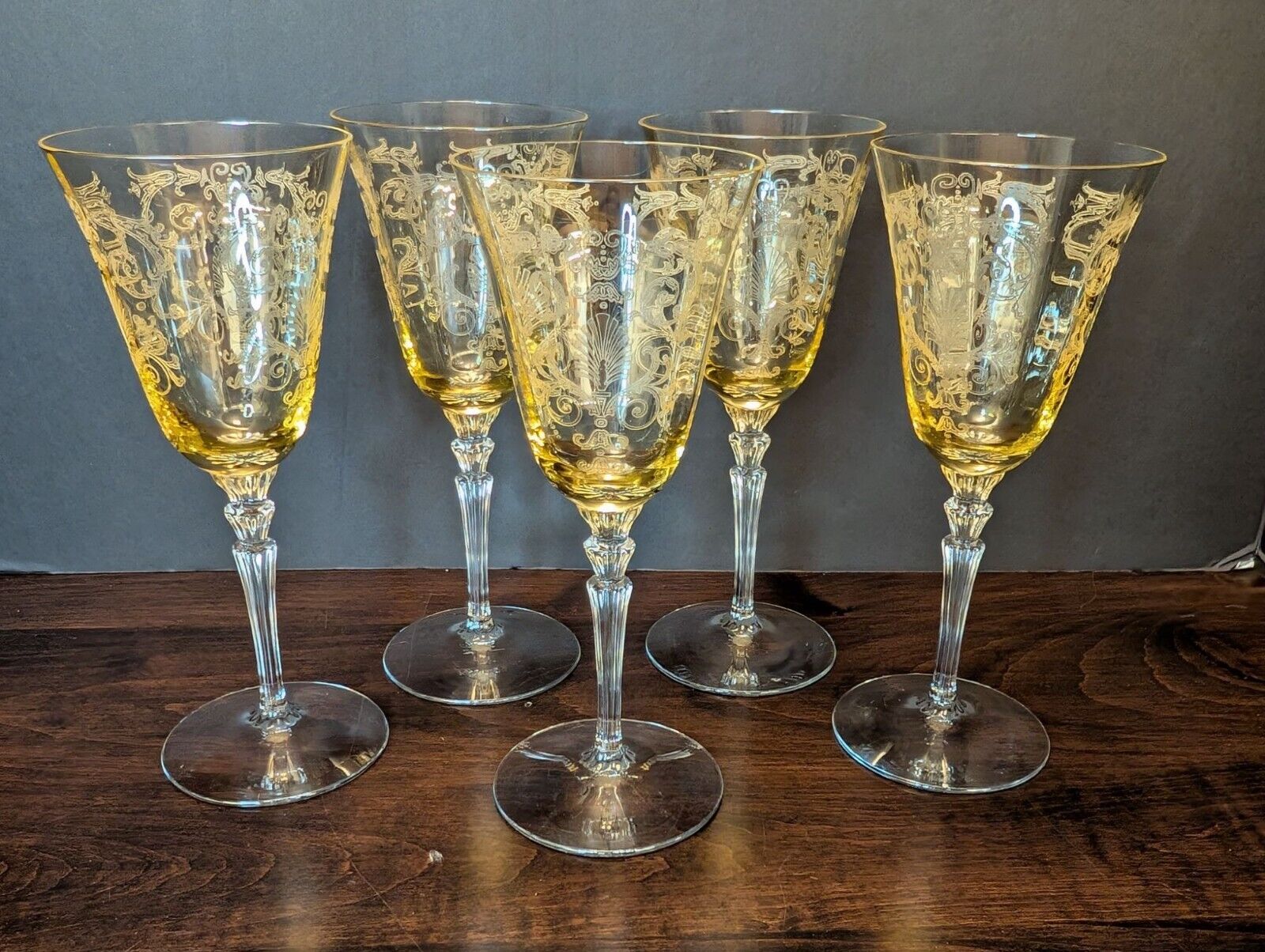 5 Vintage Fostoria Topaz Etched Crystal Wine Water Goblets Versailles Pattern
