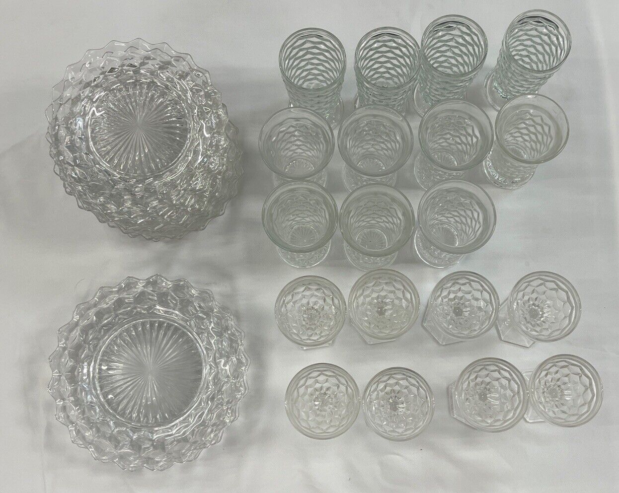 FOSTORIA AMERICAN 32 PIECE SET OF GLASSES, DINNER AND SALAD PLATES Very Rare (A)