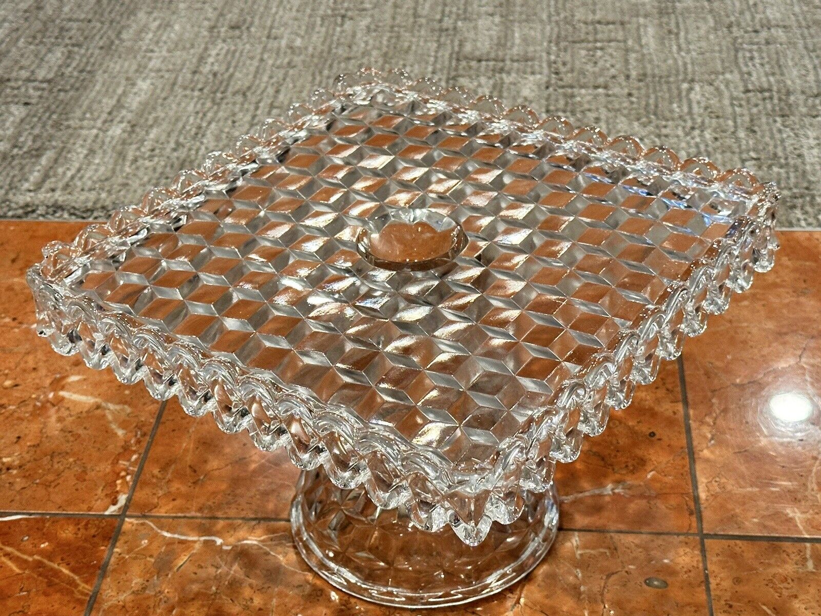 FOSTORIA American Crystal MCM 10" SQUARE PEDESTAL CAKE PLATE STAND RUM WELL EUC