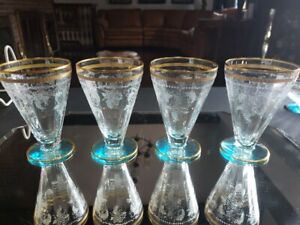 (4) Footed Tumblers Glasses, Fostoria Crystal Blue Clear Gold Etch Delphian 272