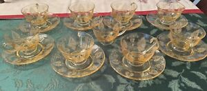 Vintage FOSTORIA TROJAN TOPAZ YELLOW ETCHED COFFEE/TEA CUPS (9) & SAUCER (8)