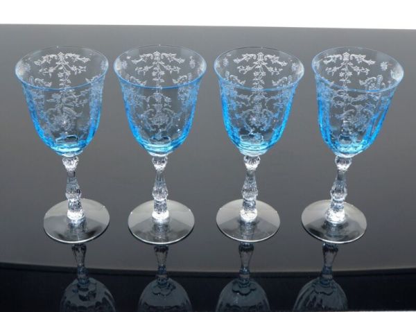 FOSTORIA NAVARRE 7 5/8” AZURE BLUE CRYSTAL 10 OZ WATER GOBLETS GLASSES –SET OF 4