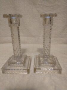 VINTAGE ELEGANT GLASS CRYSTAL FOSTORIA AMERICAN SQUARE STEP PAIR OF CANDLESTICKS