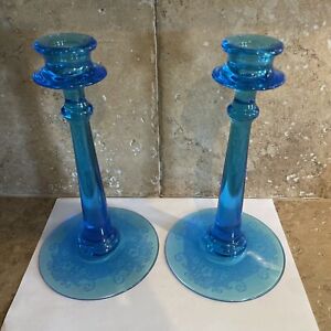 Vtg Fostoria Blue Vesper Tall Candlestick Holders 1930s Etched Floral RARE SET