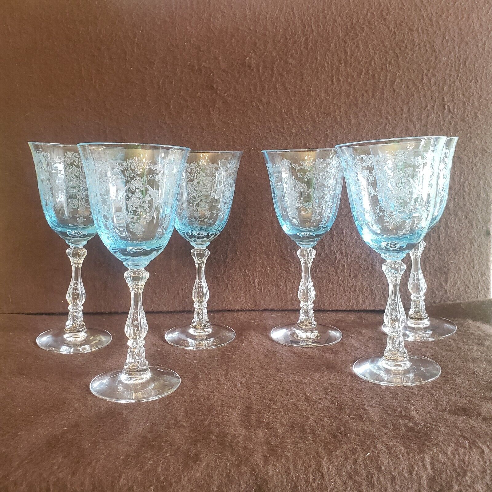 Set Fostoria Navarre BLUE 6" Crystal Claret Wine Glasses Etched Floral Signed