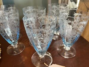 10 Vintage Elegant Fostoria Azure Blue VERSAILLES Etch 5 7/8” Footed Iced Tea