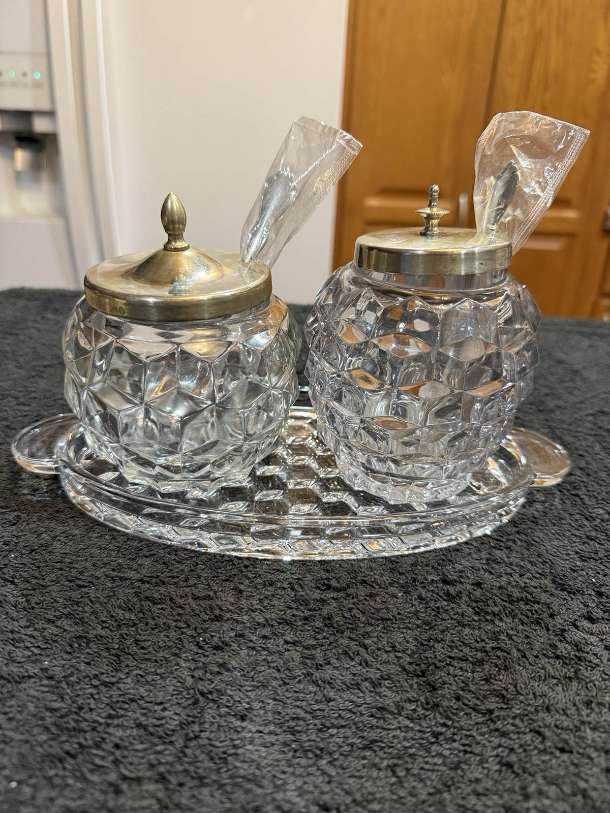 Fostoria American Necked Rose Bowl with Knob Lid, Honey Jar, And Serving Tray