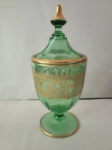 Candy Jar Glass Uranium Green c1920 Fostoria Gold Etch Greek Key Roman Dorcas 68