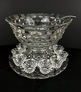 VTG Fostoria American Clear 18'' Punch Bowl Stand Ladle 19'' Torte Plate 12 Cups