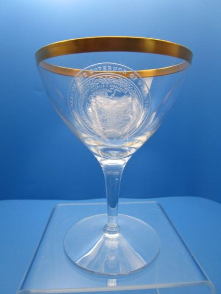 FOSTORIA GLASS West Virginia Govenor Seal CHAMPAGNE +rosepoint + cups & Saucers