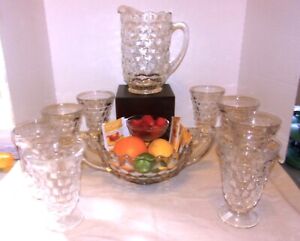 Fostoria American 2056 Cube Optic Block Pitcher w/ 8 Footed Glasses & Fruit Bowl