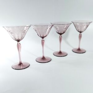 4 Fostoria Vernon Lavender Purple Orchid Wine Glasses Floral Etch Paneled Optic