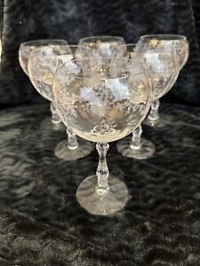 6 Vintage Fostoria Navarre Clear Etched Magnum Balloon Wine Glasses Signed