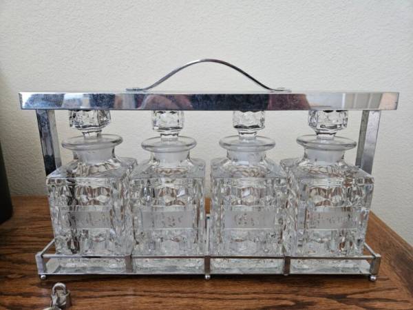 RARE Fostoria American FOUR Cordial Bottle Liquor Decanter Tantalus *ENGRAVED*