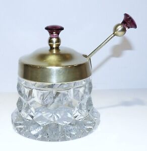 RARE FOSTORIA AMERICAN GLASS JAM CONTAINER WITH PURPLE JEWEL EPNS LID & SPOON