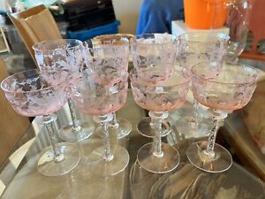 8 Pink Tiffin Cadena 4 Water / Wine Goblets & 4 Champagnes.  Very Rare