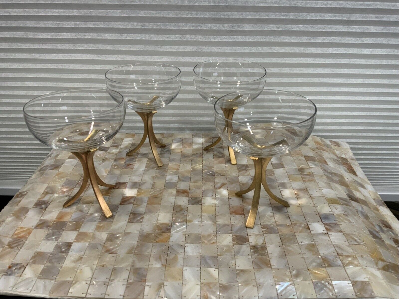 4  MCM Fostoria Triumph Gold Metal Stem Saucer Champaign  Glasses  Rare!!!!