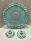 New ListingVtg 3pc  Fostoria Aqua Blue Milk Glass Cake Plate Stand w/ Candlesticks RARE