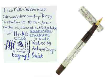 1920s WATERMAN 452 STERLING PANSY PANEL FOUNTAIN PEN F - BBB FLEX NIB RESTORED